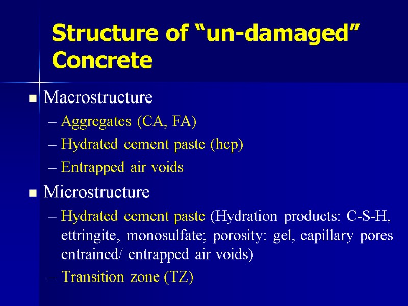 Structure of “un-damaged” Concrete Macrostructure Aggregates (CA, FA) Hydrated cement paste (hcp) Entrapped air